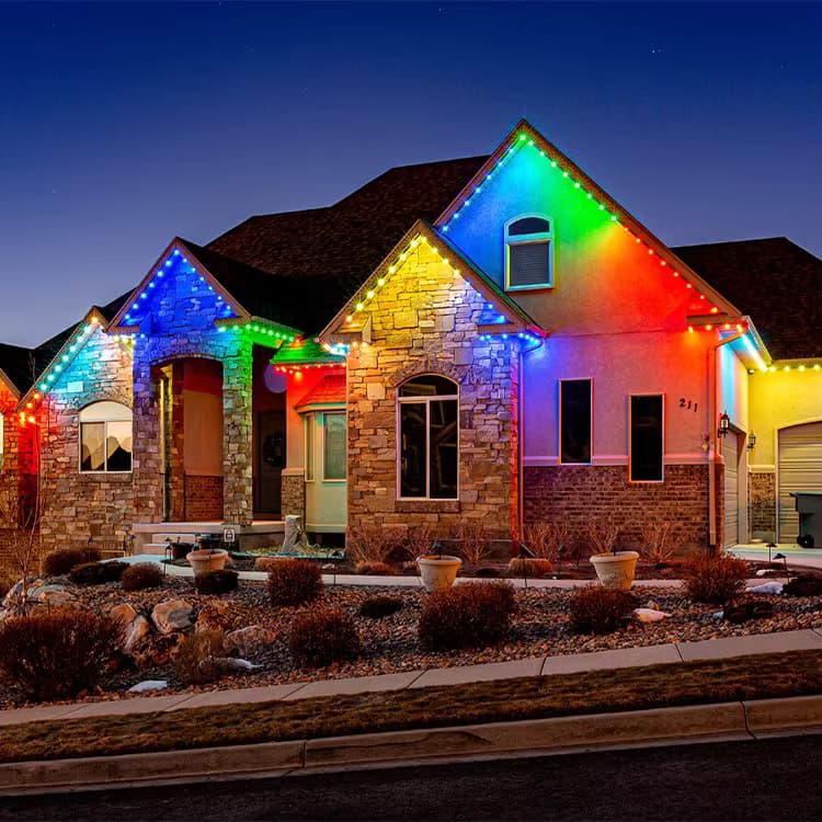 Home exterior with permanent soffit lights